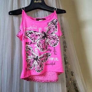 Almost Famous Girls Pink Animal Print Butterfly Graphic Shirt 80s 90s  M 10-12